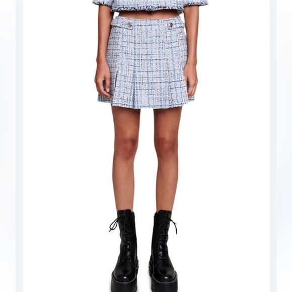 Maje 2 Piece Matching Tweed Short Sleeve Blazer Skort Pleaded Skirt Set Size 38 - Picture 6 of 16